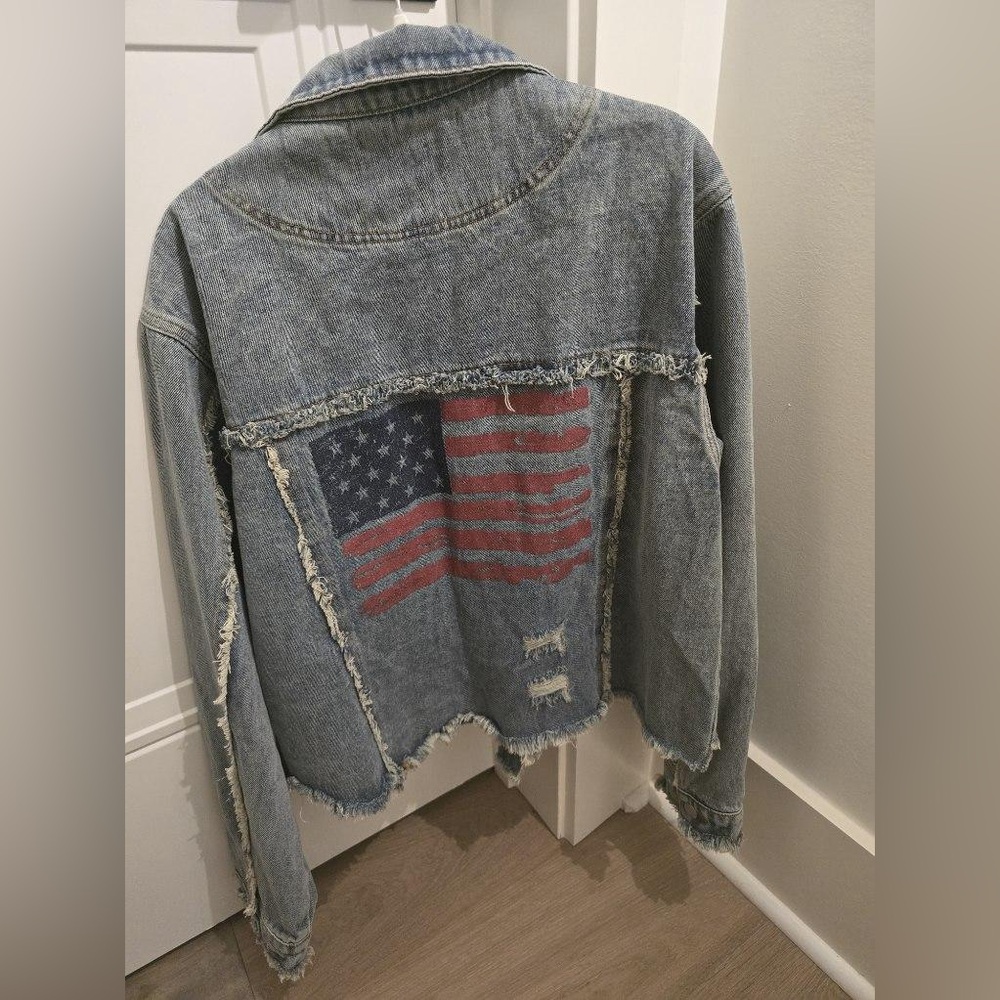 Vici Distressed Denim Jacket with American Flag